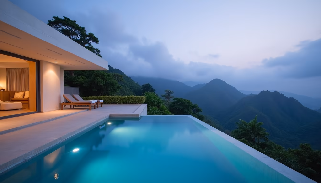 Private luxury pool villa overlooking valley, top-tier pai accommodation (illustration)