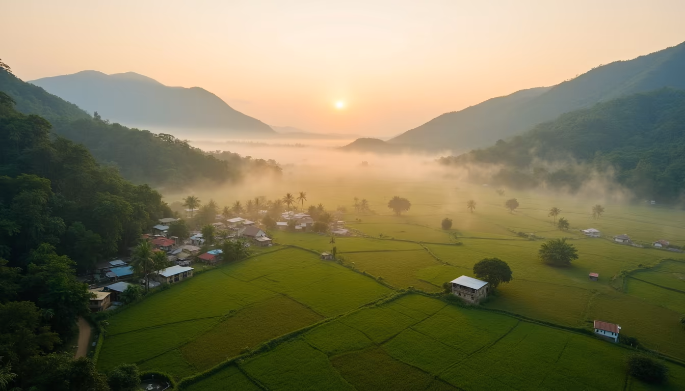 Aerial valley showing rice fields town and hills, pai accommodation areas (illustration)