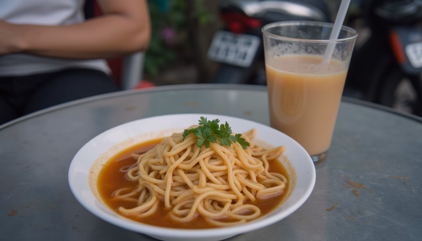 Cheap local noodle meal representing a low daily pai backpacking budget (illustration)