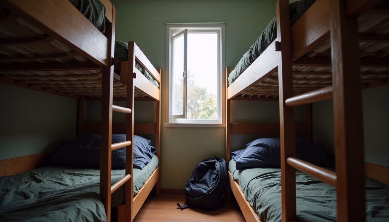 Simple wooden bunk dorm room for cheap sleep on a pai backpacking budget (illustration)