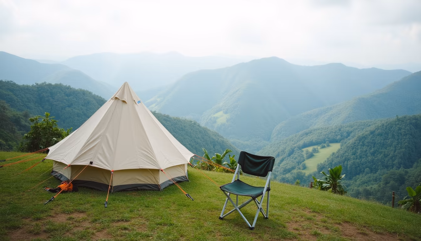 Hillside tent overlooking a green valley showing pai camping options for travellers (illustration)