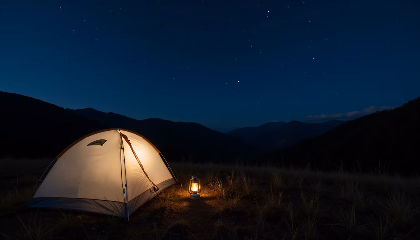 Lit tent under a starry cool-season sky for the best pai camping time of year (illustration)