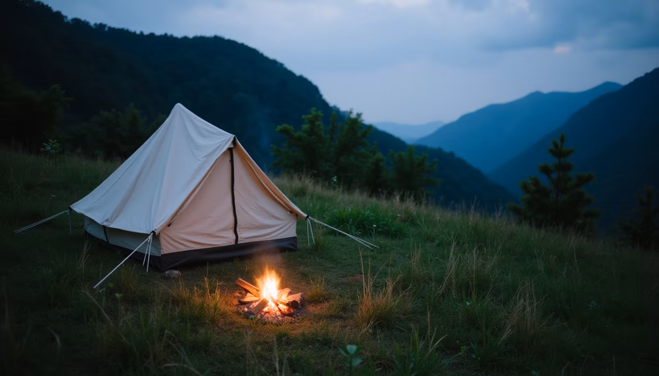 Camping layers and gear laid out for what to pack for pai camping (illustration)
