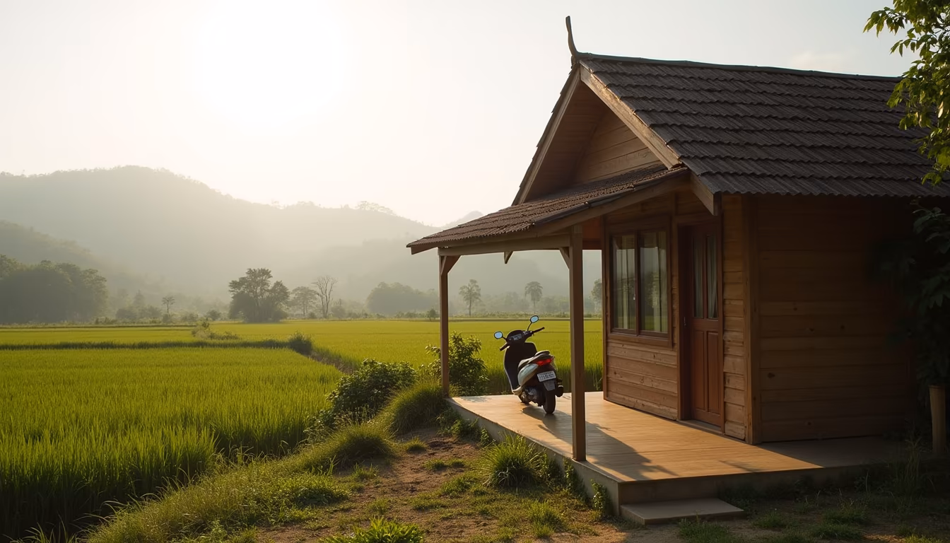 Quiet rice-field guesthouse base near the pai canyon at golden hour (illustration)