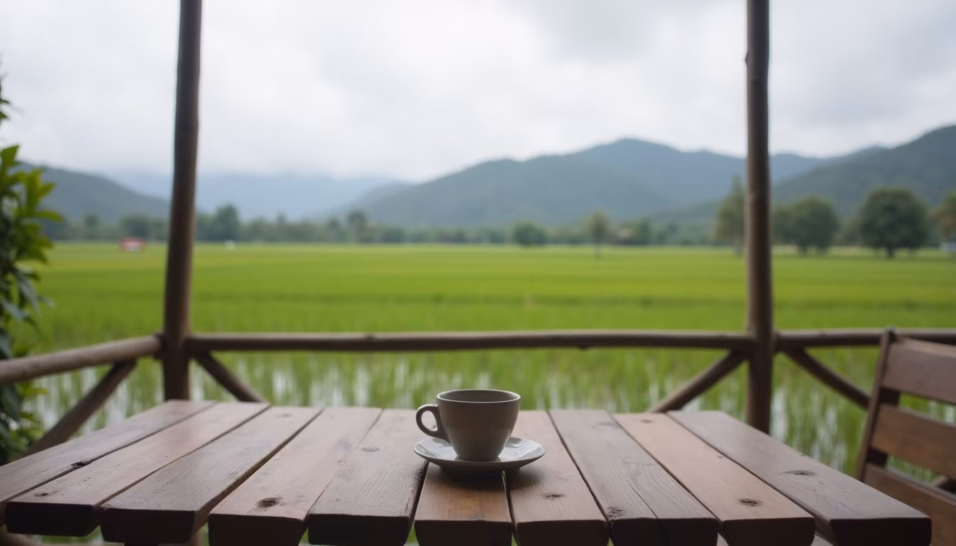 Cafe wooden deck overlooking rice fields, the kind of scenic spot pai coffee is known for (illustration)
