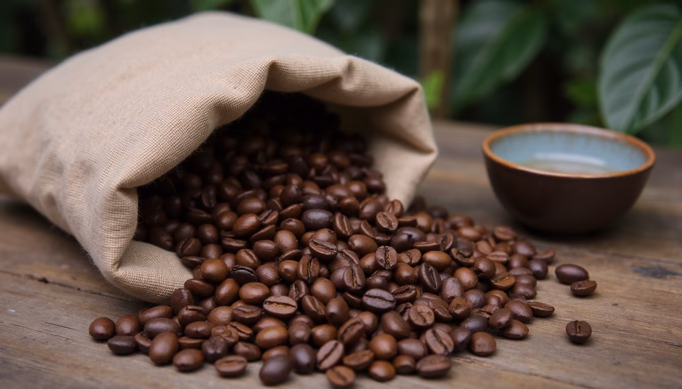 Roasted arabica beans and a labelled paper bag of single-origin pai coffee (illustration)