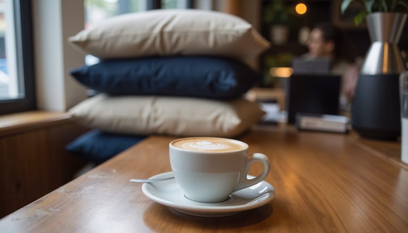 Flat white on a counter beside retail bags of beans, everyday pai coffee to take home (illustration)