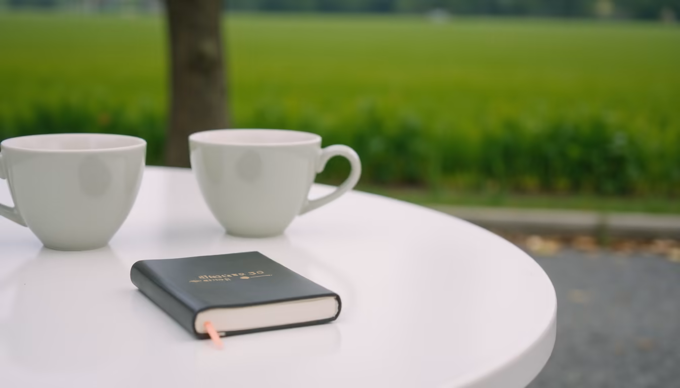 Two coffee cups on a quiet outdoor table on a slow morning, an easy pai coffee plan (illustration)