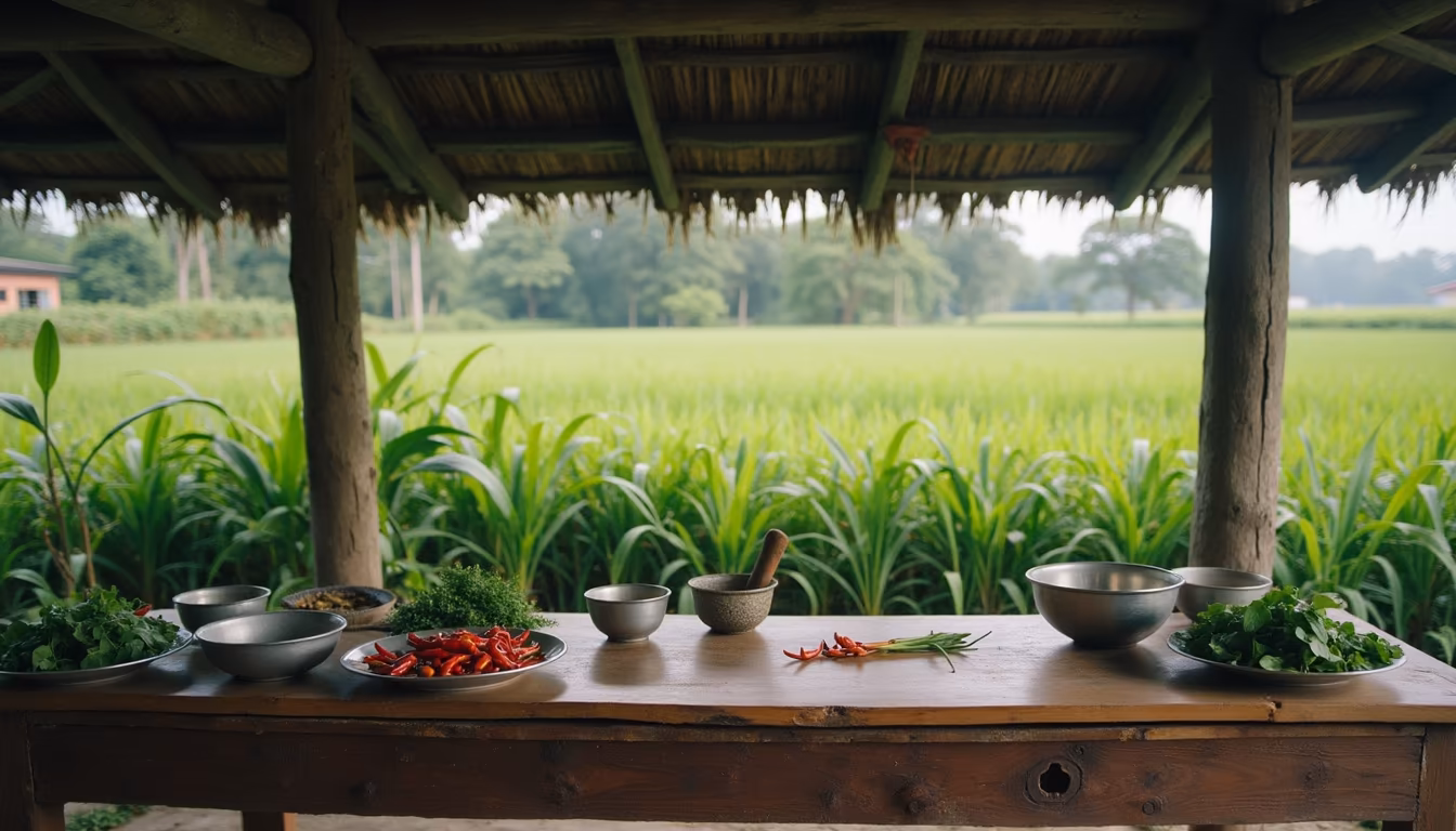 Open-air rice-field kitchen set up for a pai cooking class with herbs and bowls (illustration)