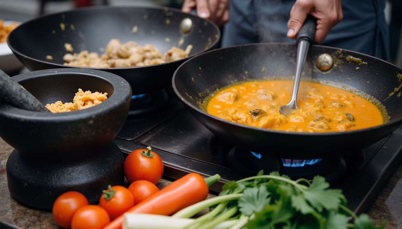 Thai curry simmering on a wok burner during a pai cooking class lesson (illustration)