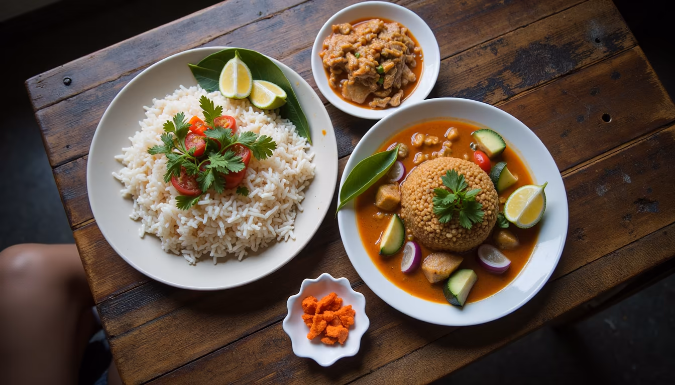 Spread of finished Thai dishes from a pai cooking class on a wooden table (illustration)