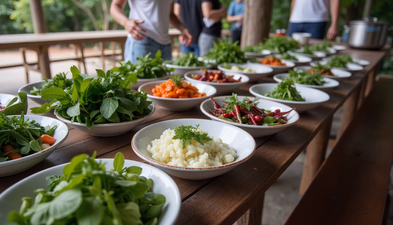 Travellers at a communal table prepping food in a pai cooking class (illustration)