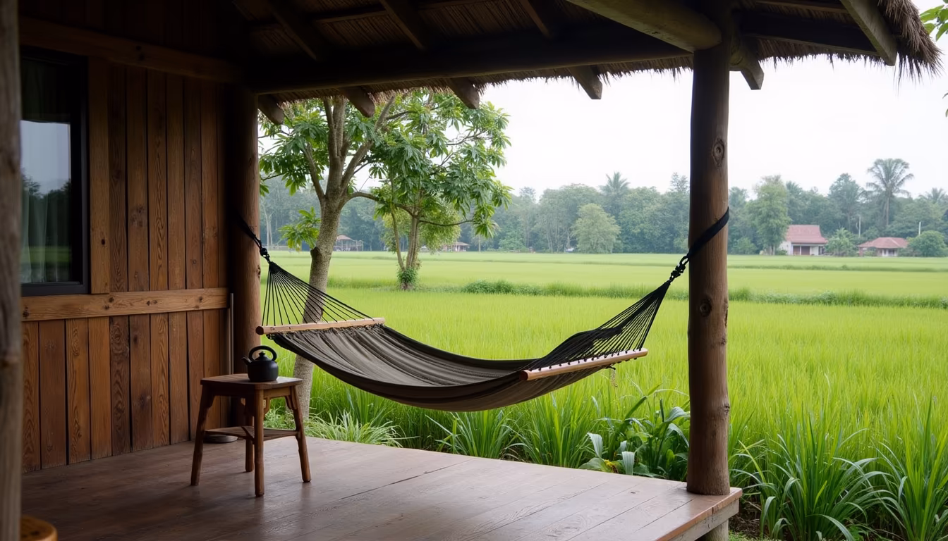 Timber bungalow on a green rice paddy edge, a simple Pai countryside stay (illustration)