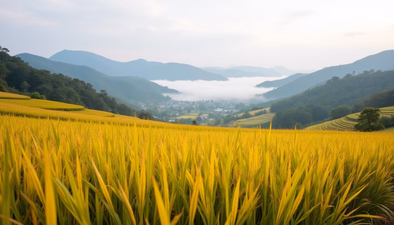 Golden rice paddies with low mist in the valley, a cool-season Pai countryside stay view (illustration)