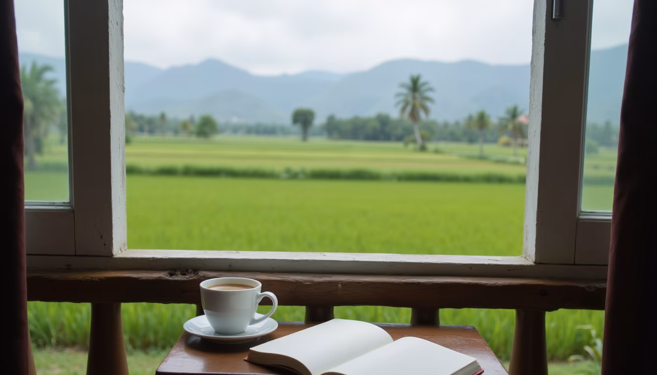 Quiet porch view over rice fields and hills, who a Pai countryside stay is for (illustration)