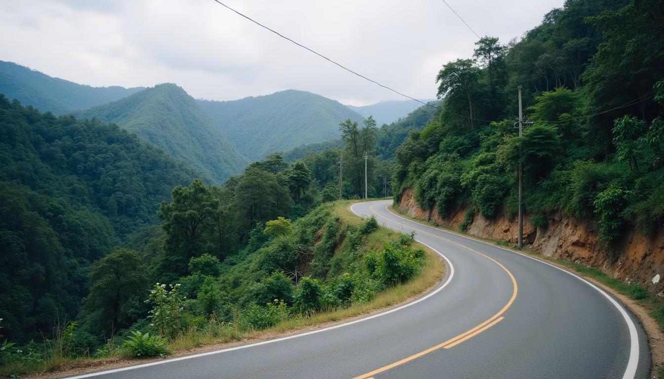Winding 762-curve mountain road on a Pai day trip from Chiang Mai through forested hills (illustration)