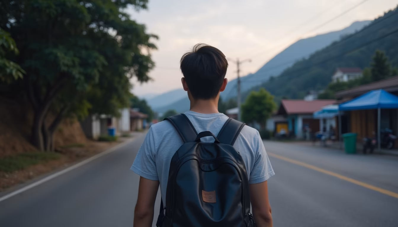 Lone traveller waiting at a minivan stop weighing a Pai day trip versus an overnight stay (illustration)