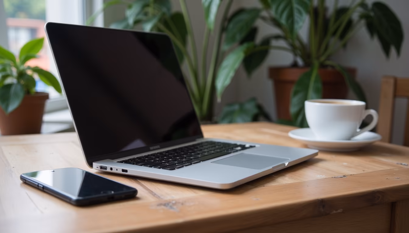 Laptop and speed test on a cafe table showing Pai wifi for a digital nomad working day (illustration)