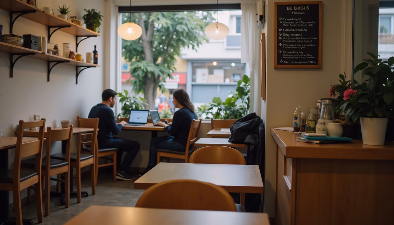 Relaxed Pai cafe with people on laptops, the hidden coworking network for a digital nomad (illustration)