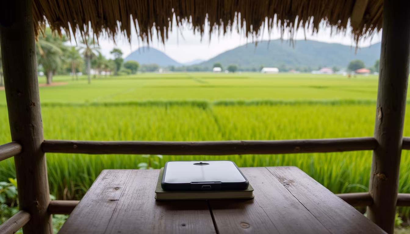 Terrace over rice fields with notebook, showing a realistic Pai digital nomad working day (illustration)