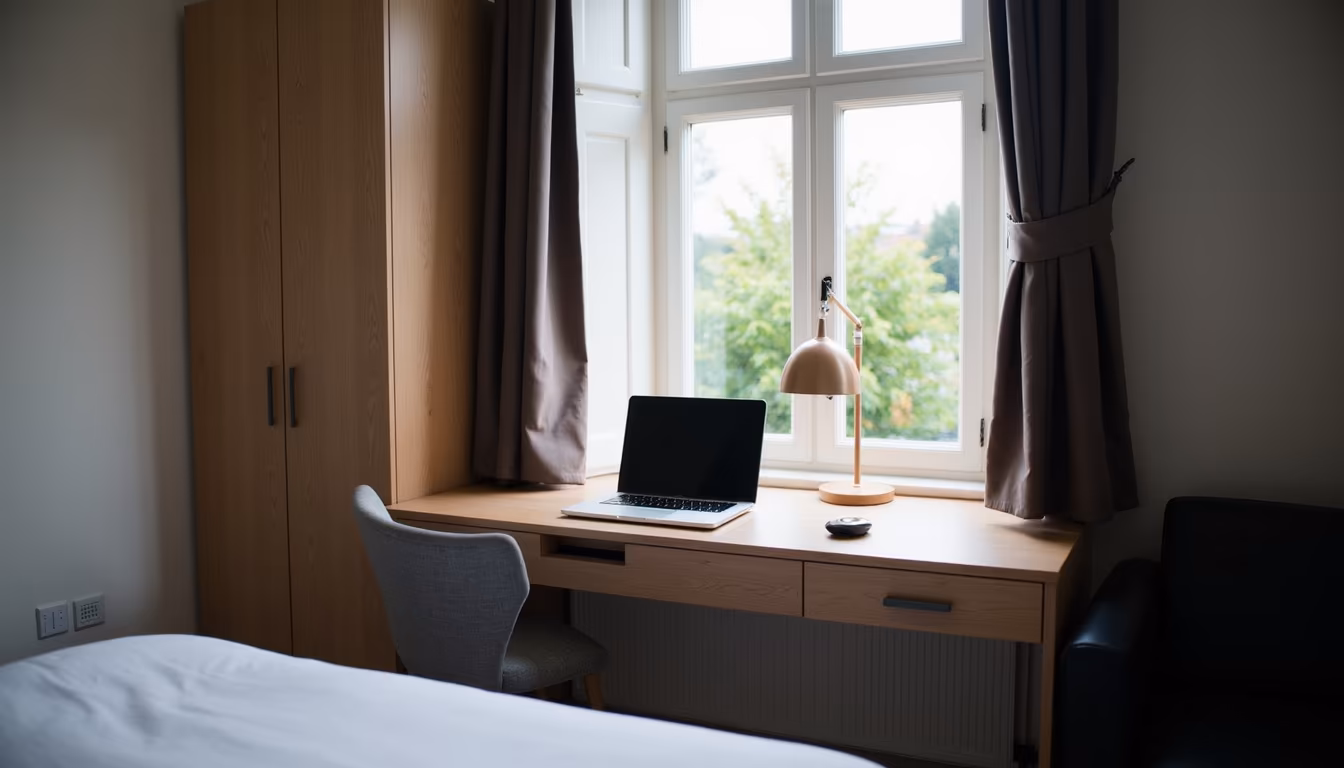 Guesthouse room with a desk by the window, where to stay in Pai as a remote worker (illustration)