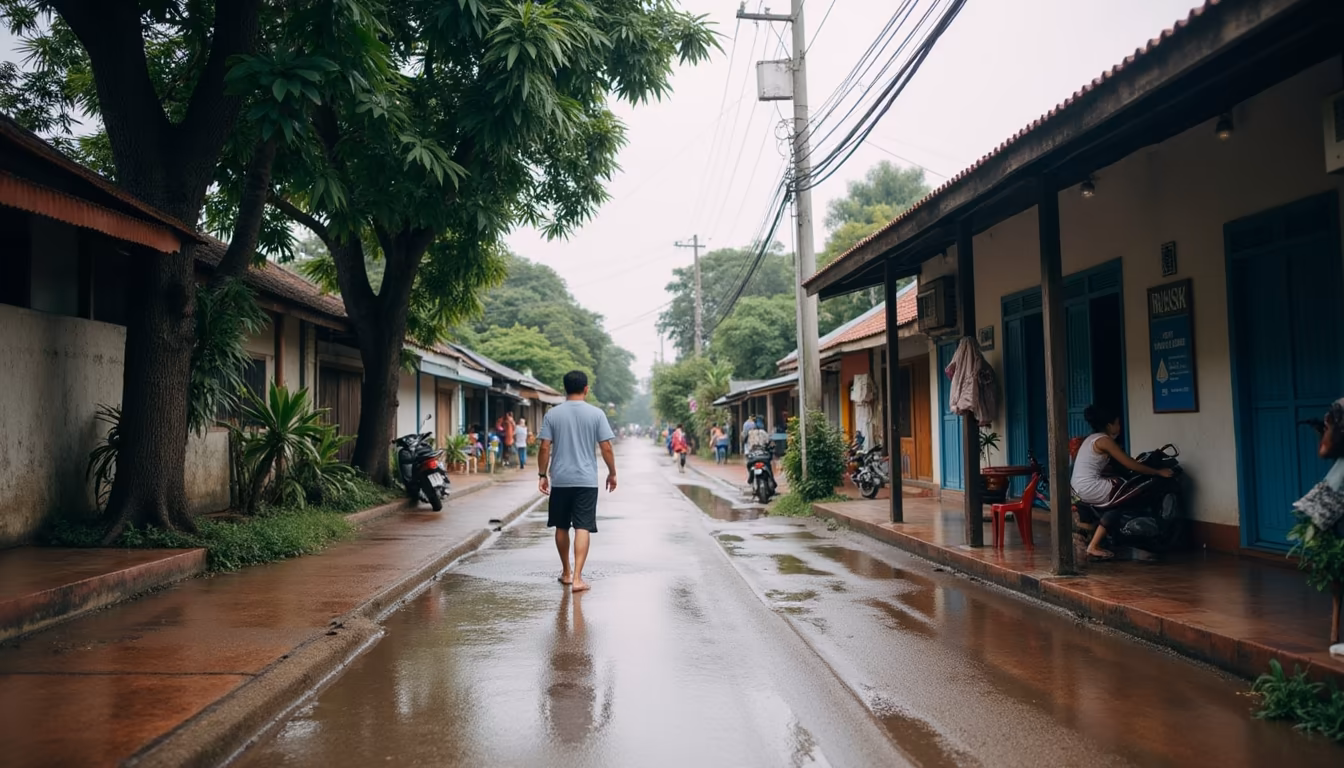 Distant Songkran water fight on a small Thai street during pai festivals in April (illustration)