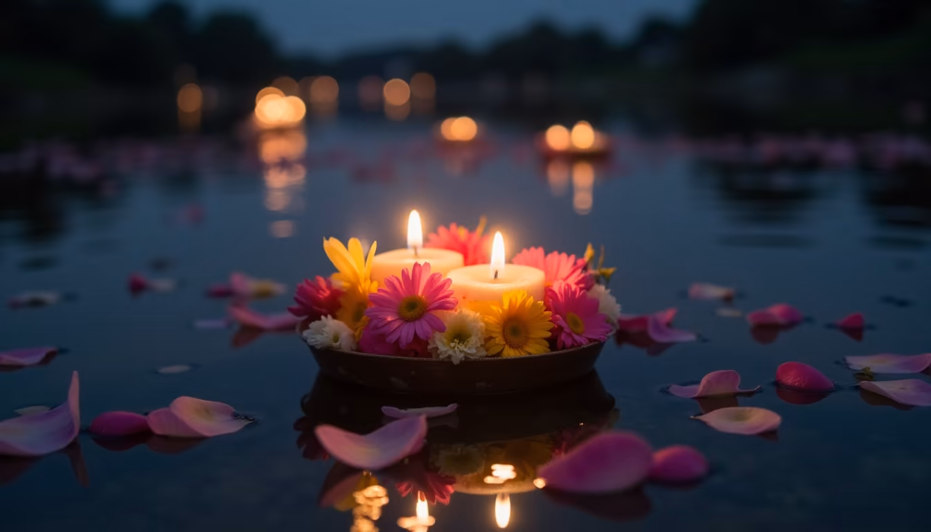 Candle-and-flower krathong floating on a river during pai festivals in cool season (illustration)