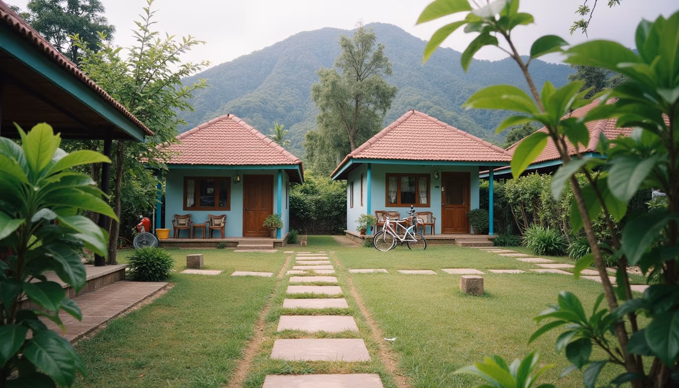 Quiet small guesthouse garden in Pai that books out on festival dates (illustration)
