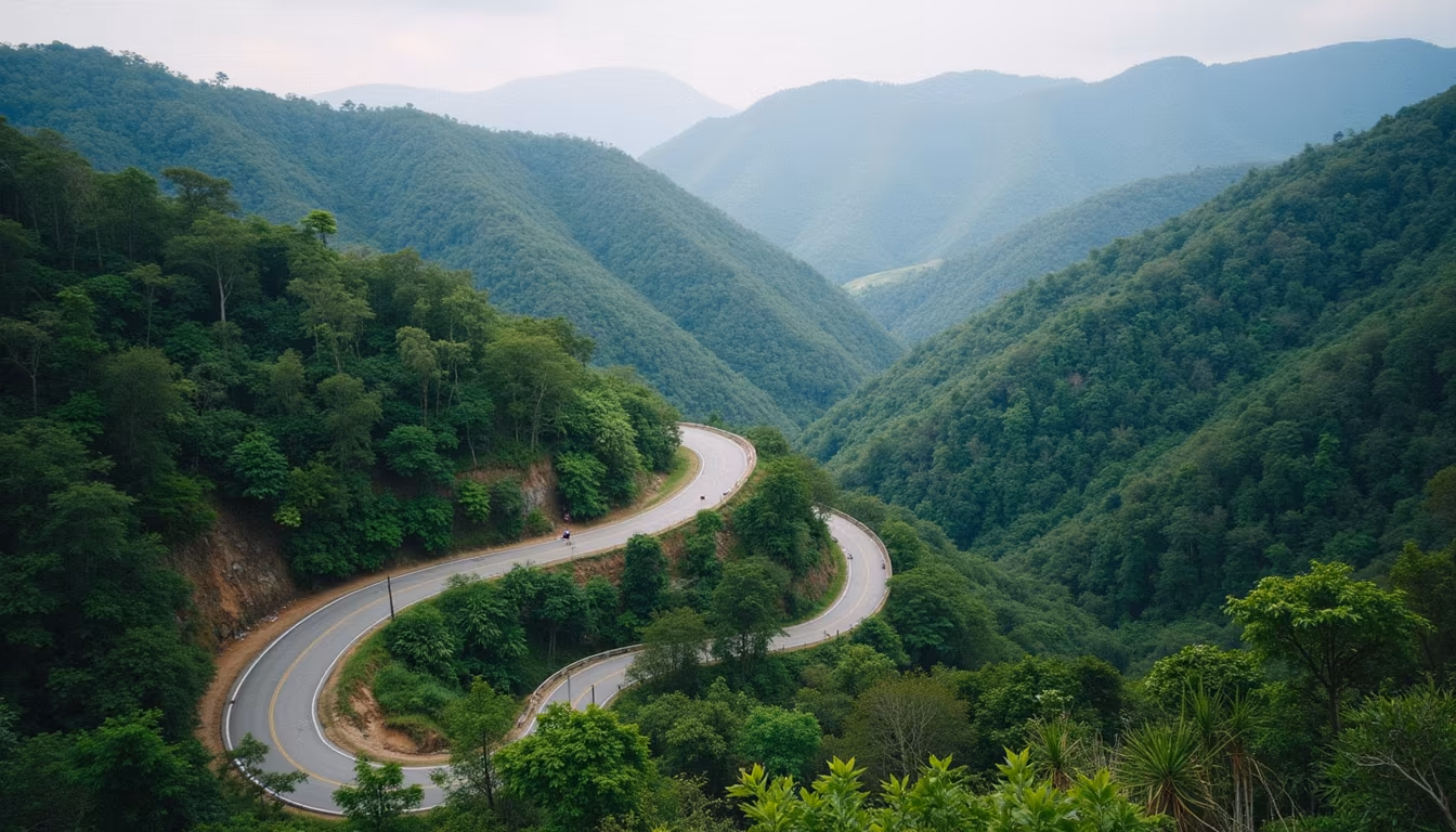 The 762-curve mountain road to Pai, key for any first-time pai travel guide on transport (illustration)