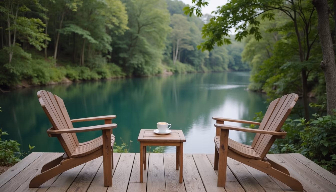 Quiet timber riverside cafe deck above a slow river, a pai hidden gems spot (illustration)