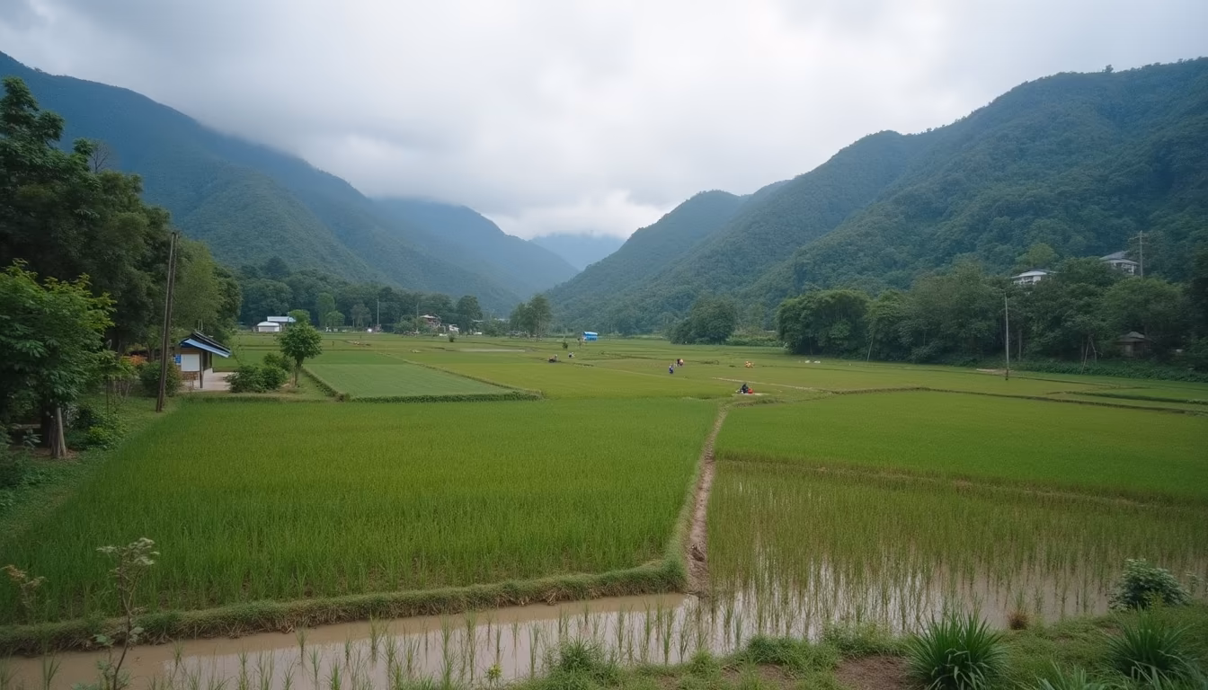 Lush green hills and rice fields around the Pai valley in August wet season (illustration)