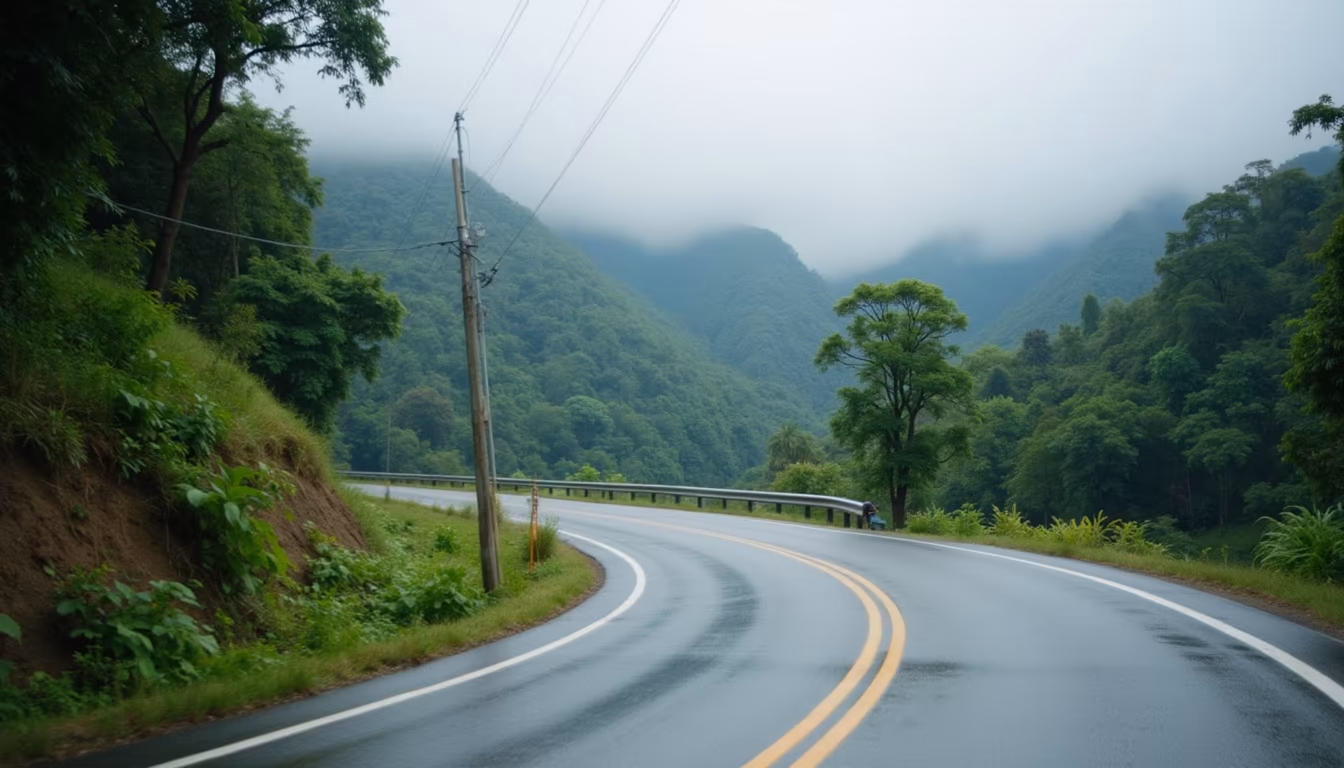 Mist over green hills and a wet mountain road, evoking Pai weather in August (illustration)
