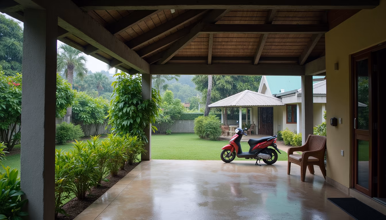 Covered parking and sheltered garden at a guesthouse during rain, an easy August base in Pai (illustration)