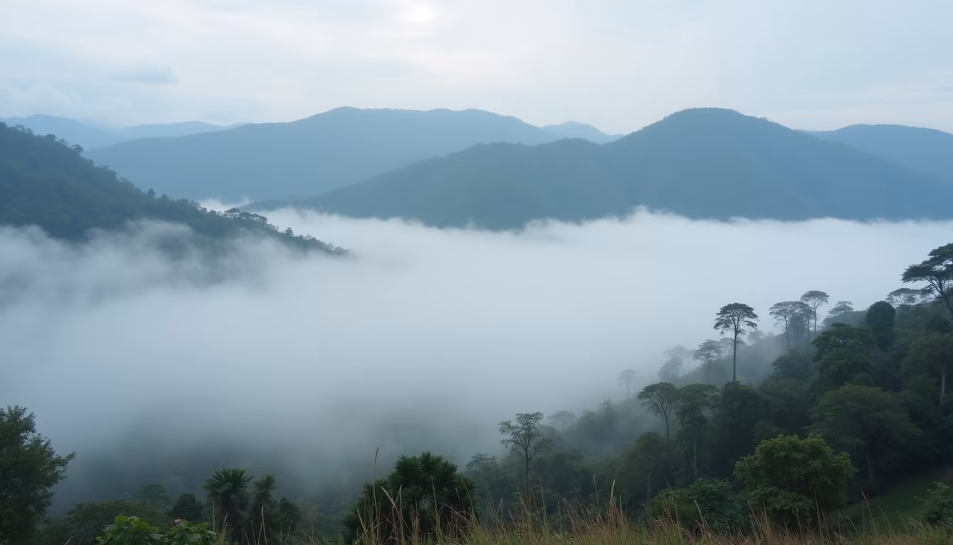 Low morning mist over hills illustrating Pai in December weather (illustration)