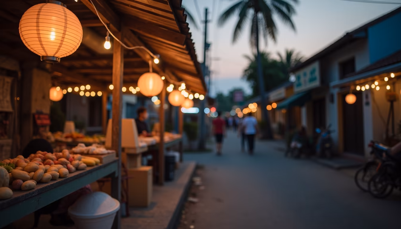 Small festive night market stall illustrating busy Pai in December (illustration)