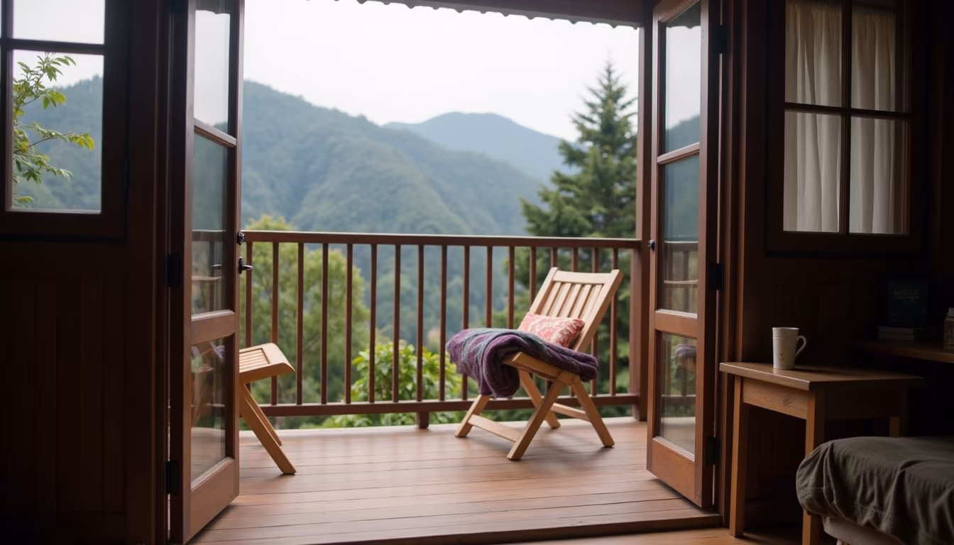 Cosy wooden terrace overlooking hills illustrating where to stay for Pai in December (illustration)