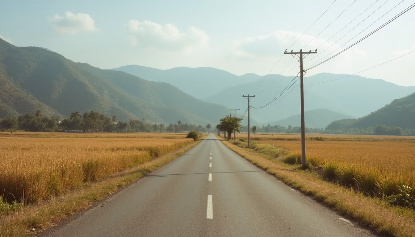 Golden dry-season rice fields and clear mountain skies around Pai in January (illustration)