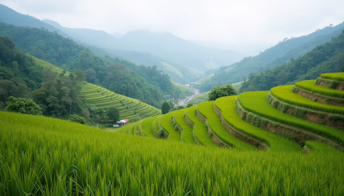 Bright green rice paddies surrounding the Pai valley in July green season (illustration)
