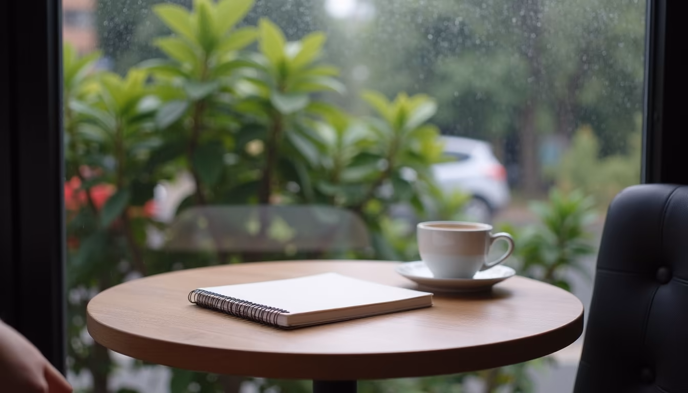 Coffee by a rain-streaked cafe window with green outside, a flexible July day in Pai (illustration)