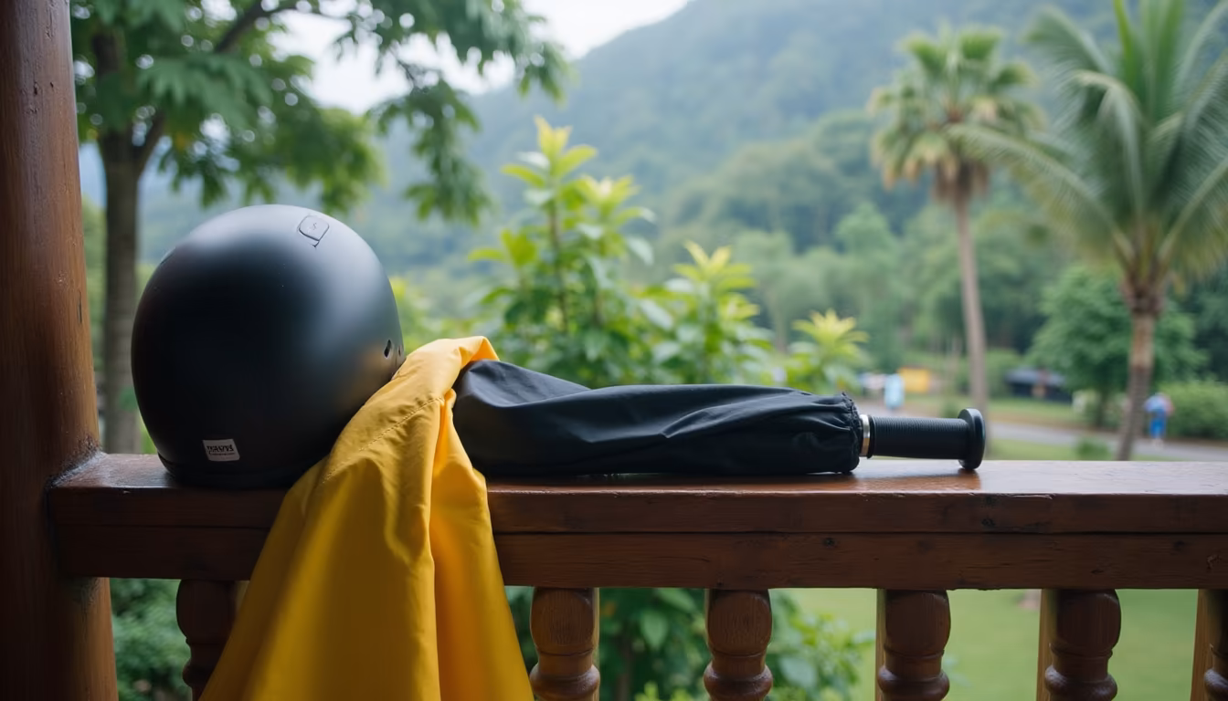 Rain jacket and helmet on a porch packed for Pai in June showers (illustration)