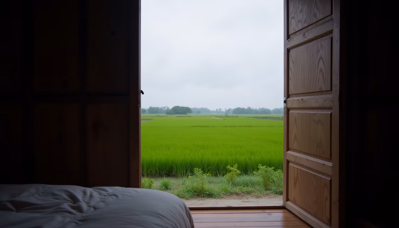 View from a rice-field bungalow over green paddies during Pai in June rain (illustration)