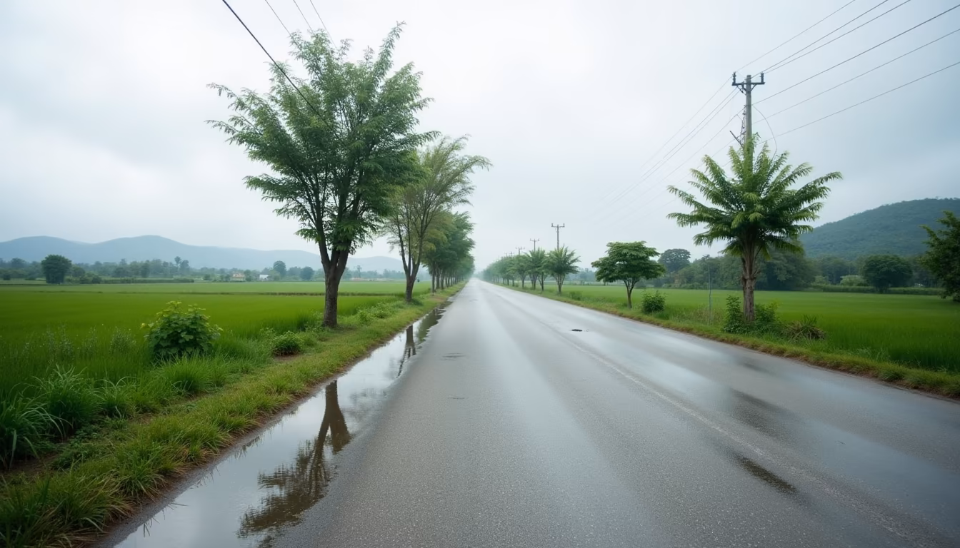 Fresh green hills after early May rains clear the haze around Pai (illustration)