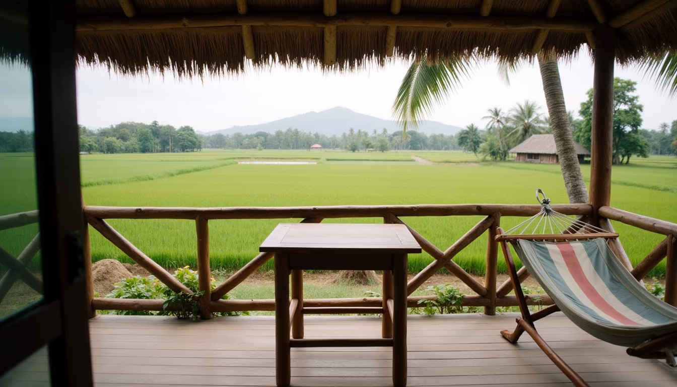 Traveller enjoying a clear green-season morning before afternoon rain in Pai during May (illustration)