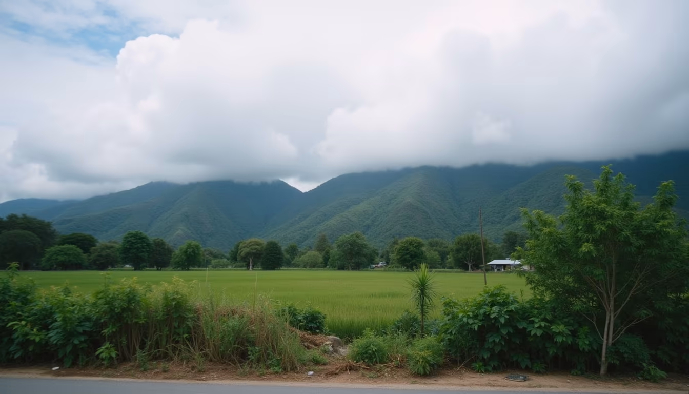Clearing skies over green hills illustrating Pai weather in November (illustration)