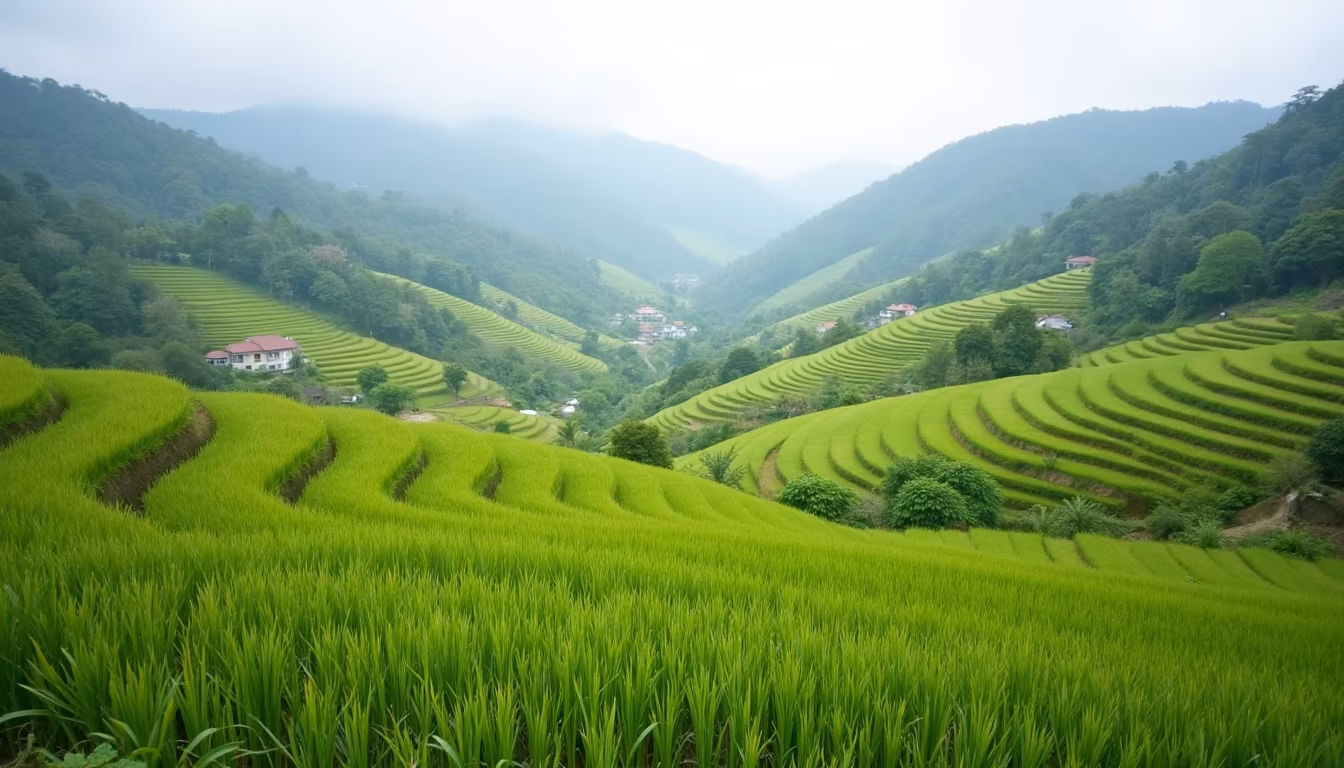 Golden ripening rice fields in the Pai valley during November, the harvest month for Pai in November (illustration)