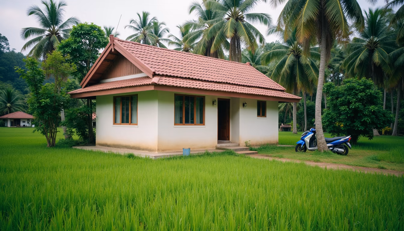 Small cottage stay among rice fields illustrating where to stay for Pai in November (illustration)