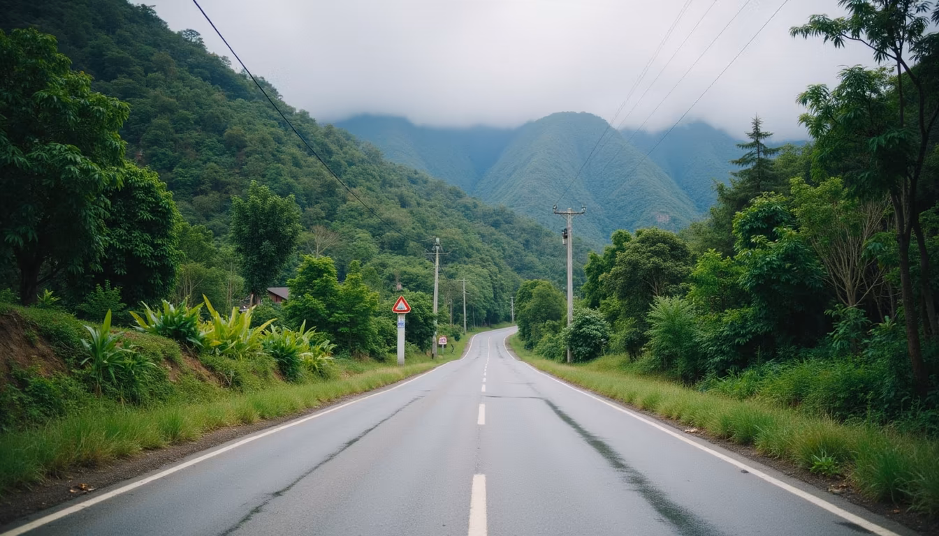 Quiet wet road through green hills illustrating Pai weather in October (illustration)