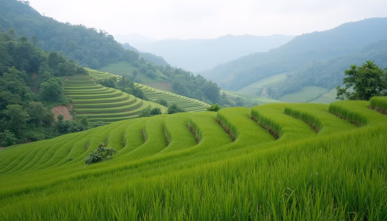 Green Pai rice fields starting to turn gold in late October, a highlight of Pai in October (illustration)
