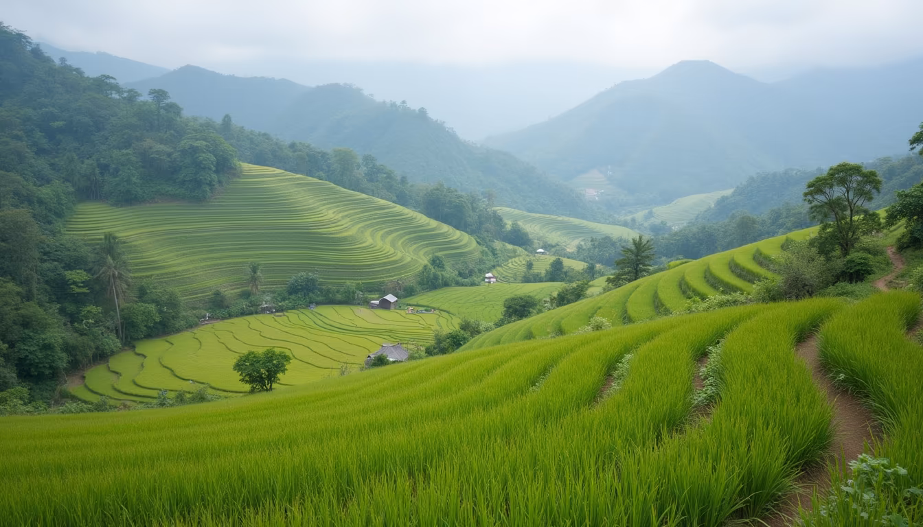 Green rice fields in the Pai valley starting to turn gold in September (illustration)