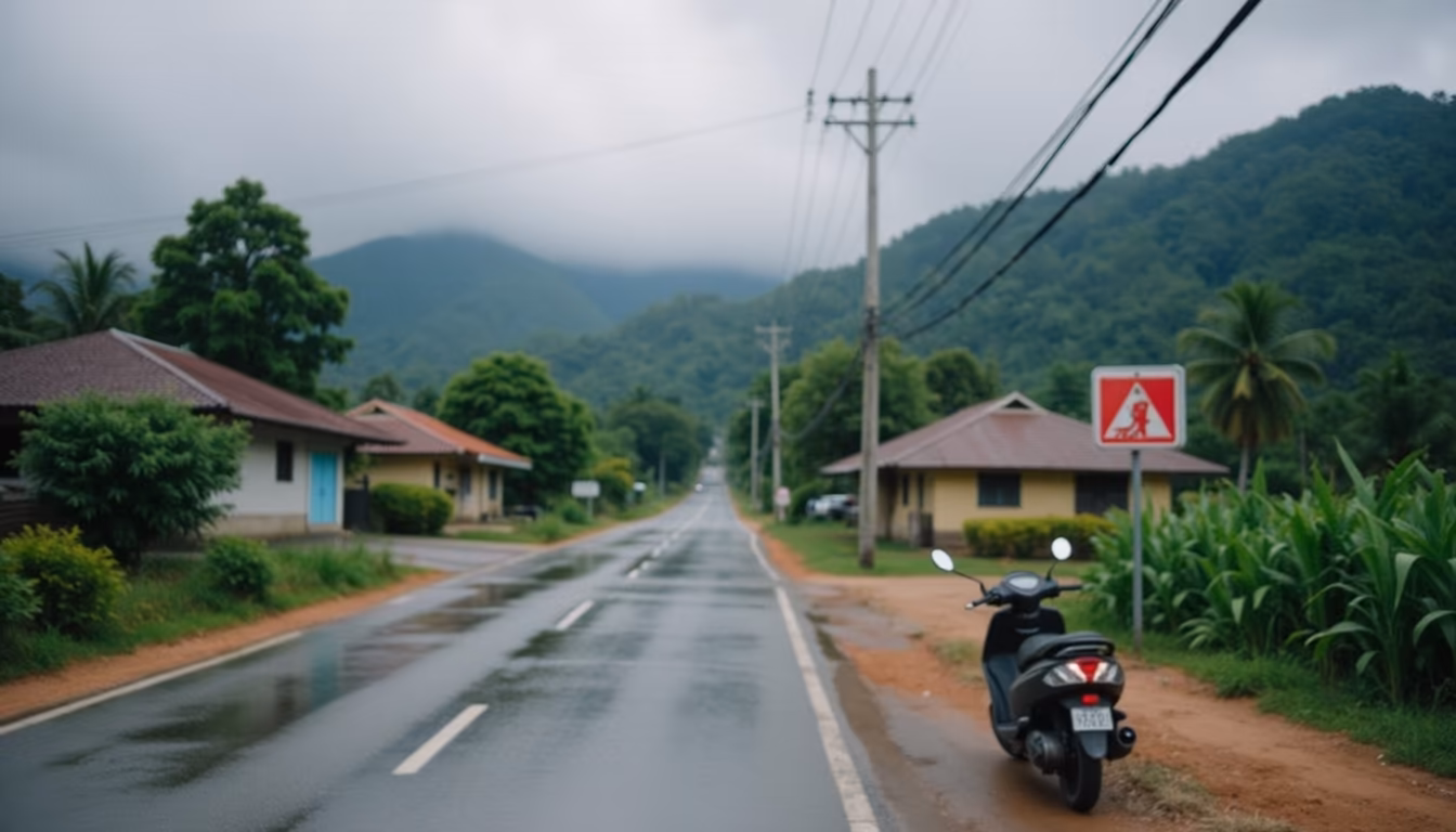 Wet rural lane and green hills after rain, evoking Pai in September (illustration)